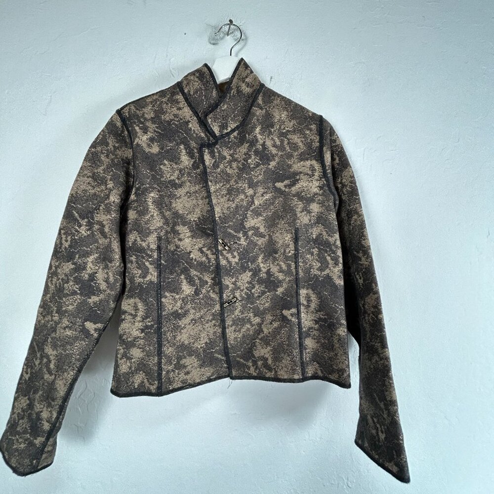 Women’s Reversible Jacket Camouflage Gray Beige Stand Collar Button Closure